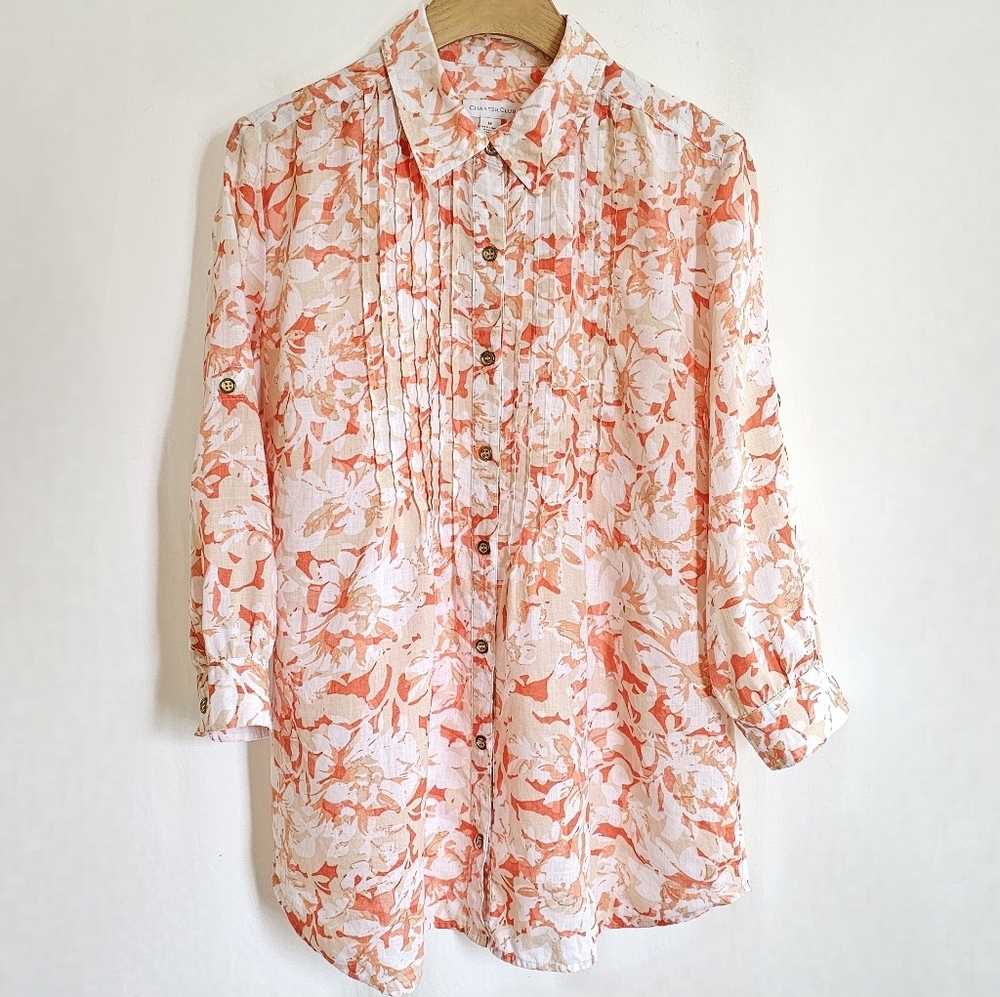 Charter Club 100% Linen Orange & White Floral Button Down Blouse
